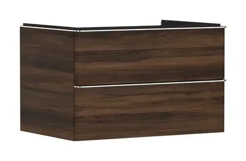 Waschtischunterschrank in Dunkel-Nussbaum mit zwei Schubkästen, geeignet für Hängewaschbecken. Hersteller ist Hansgrohe.